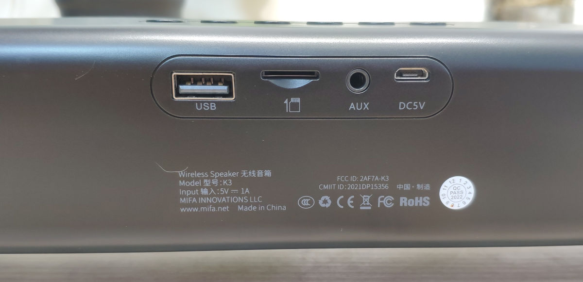 USB, SD-card, AUX, and DC5V ports on the back of the Mifa soundbar